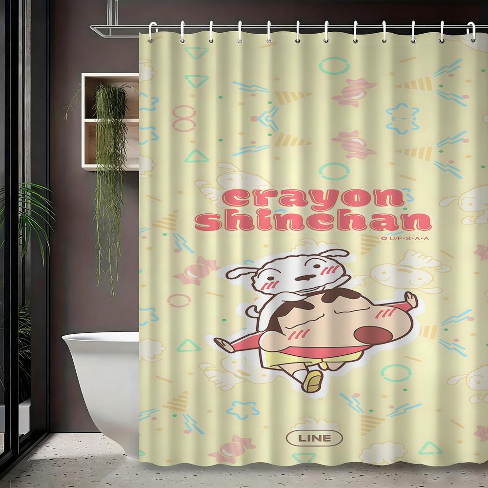 Crayon Shin-chan & Friends with Shiro 2D Print Waterproof Shower Curtain, Green Anime Bathroom Decor with Hooks