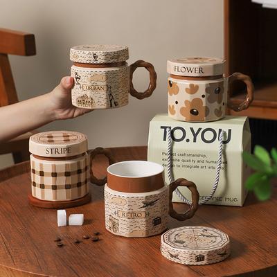 Kreative Retro Keramiktasse Hochwertige Internet-Berühmtheit Trinkbecher Leichter Luxus Souvenir mit Deckel Kaffeetasse Personalisierte Tasse