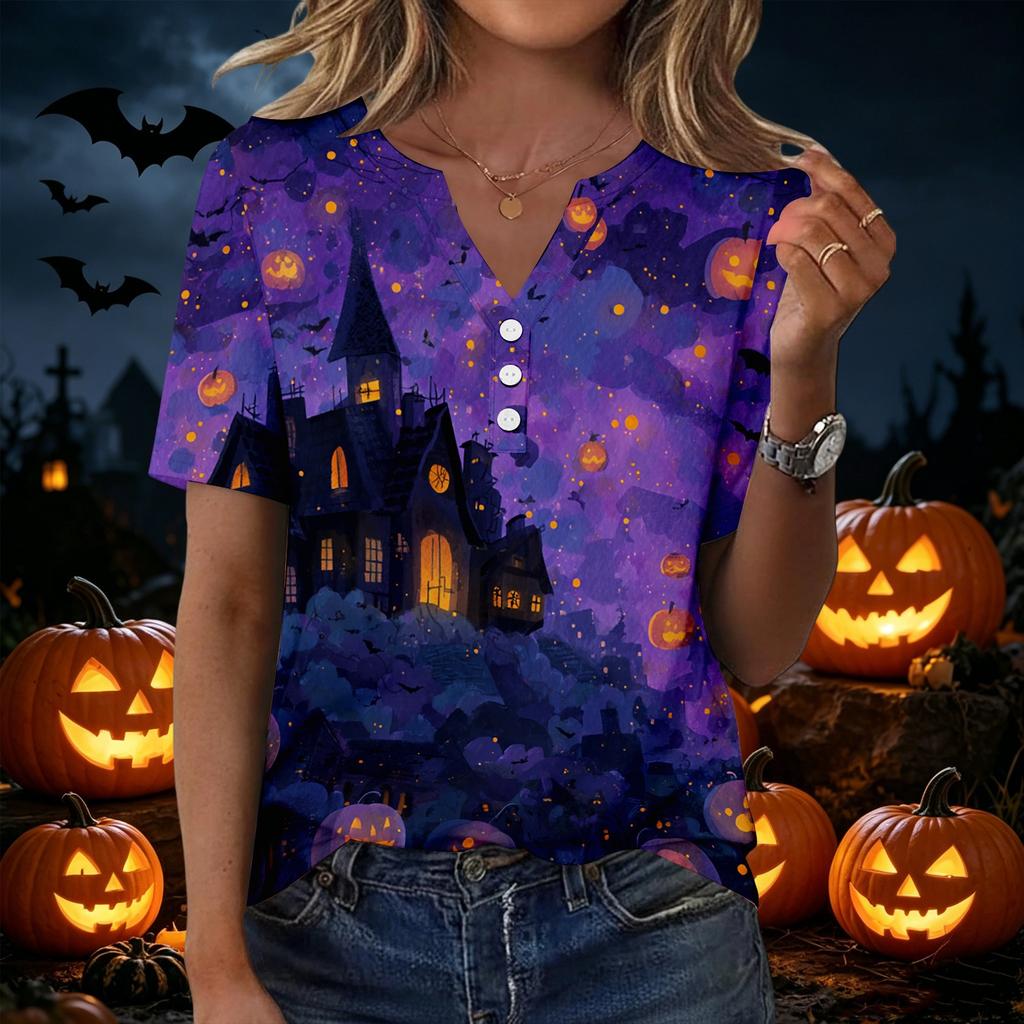 Womens Halloween Print V Neck Short Sleeve Button T Shirt Casual Loose Fit Top with Pumpkin and Bat Design Suitable for Daily Wear