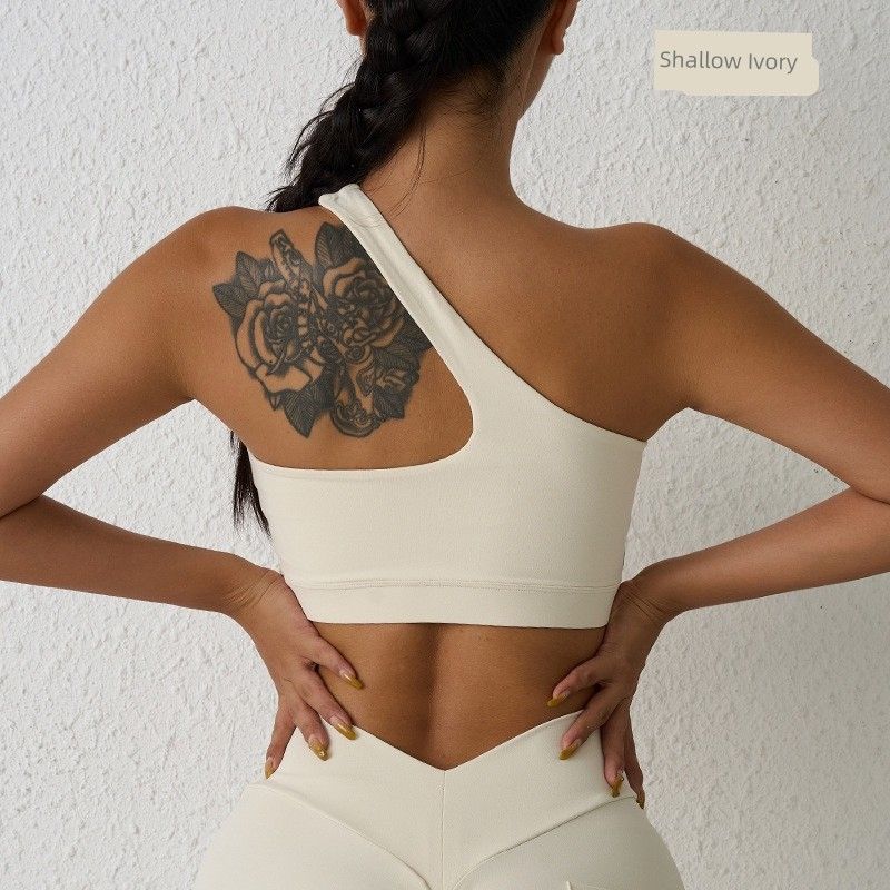 Nude Feel Sports Underwear One Shoulder Yoga Bra Removable Sports Beauty Back Bra Fitness Sports Outer Wear Sloping Shoulder