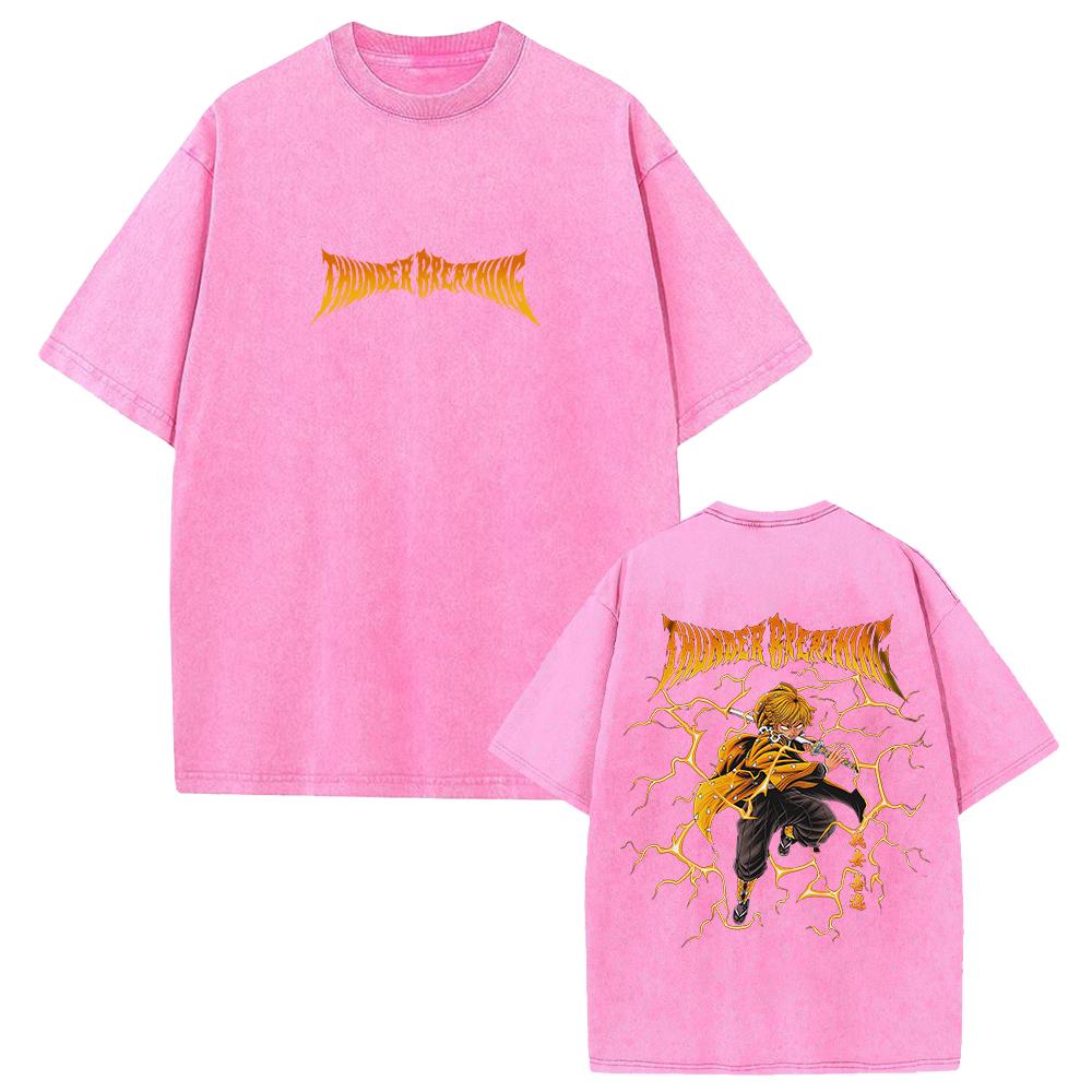 

Demon Slayer Anime T-shirt for Men Clothing Zenitsu Graphic Short Sleeve Tee Tops Street Fashion Washed Oversized Cotton T Shirt S розовый