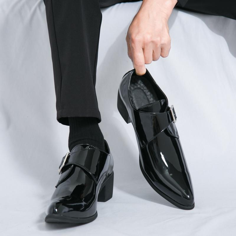 Luxury Designer Monk Leather Men Shoes 5.8CM High Heels Polish Buckle Strap Pointed Toe Casual Shoes Men Party Wedding Shoes