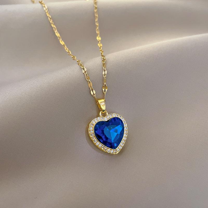 Women's 316L Stainless Steel Heart-Shaped Pendant Necklace with Big Blue Zircon Fashion Clavicle Chain Zircon Gift for Girls