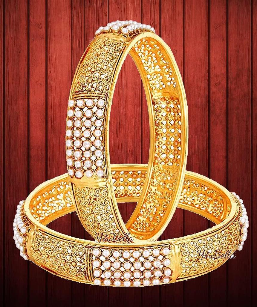 Traditional Gold Plated Pearl Studded Bracelet Bangles Set for Girls and Women
