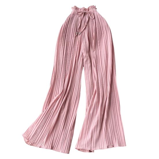 Women Pants Elastic Adjustable Drawstring Leg Trousers Pleated Style Wide High Waist Solid Color Casual Pants