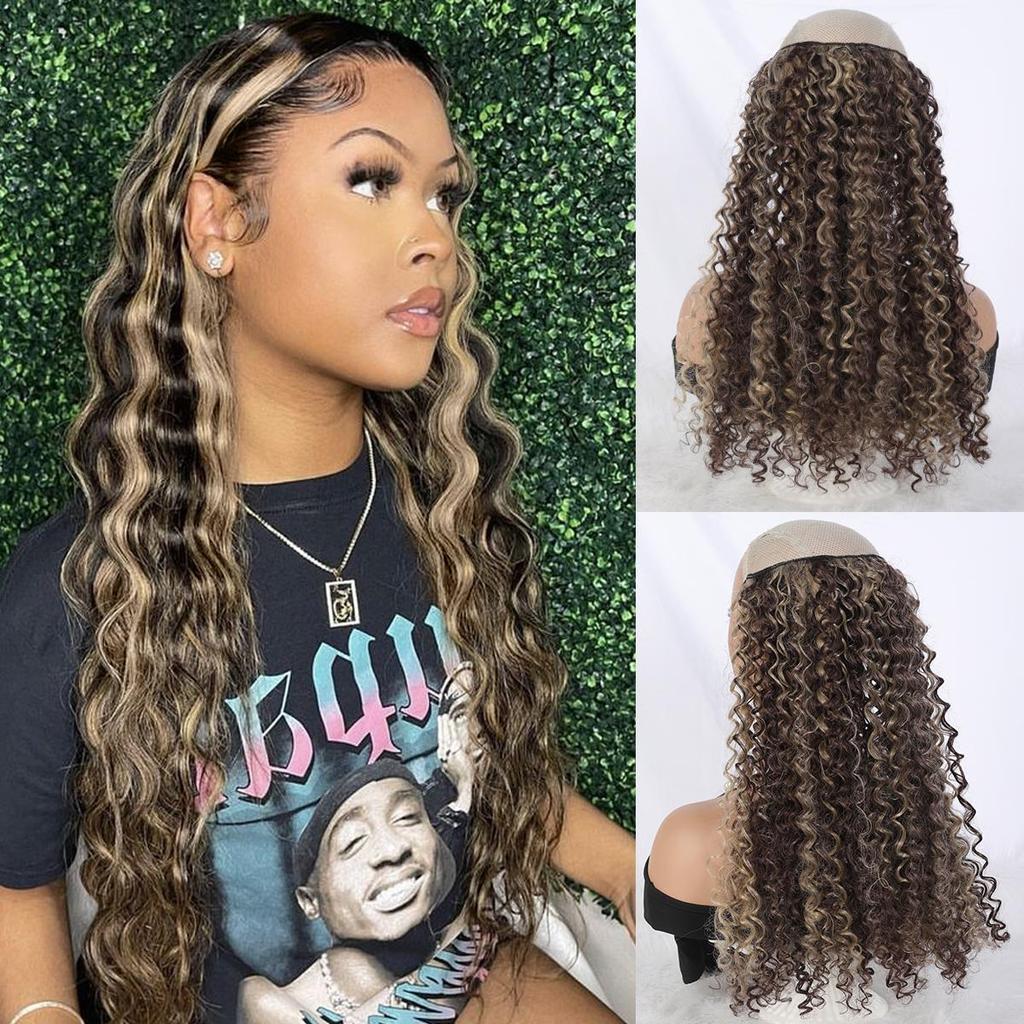 16inch Synthetic Natural Kinky Curly Clip Fish Line Invisible Hair Extensions Mixed Color Blonde Black Brown Artificial False Hair Piece For Women