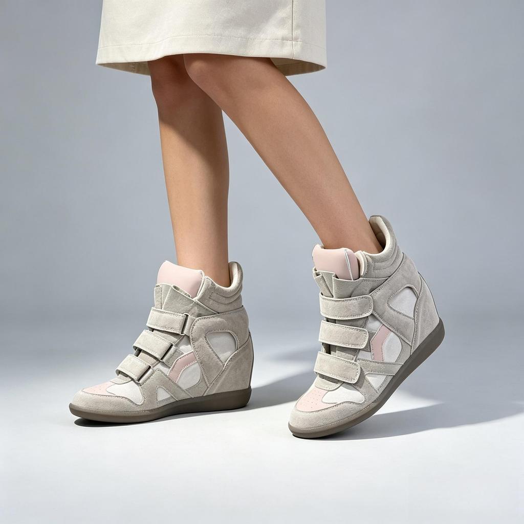 Women's Frosted Leather High-Top Sneakers with Hidden Height-Boosting Sole