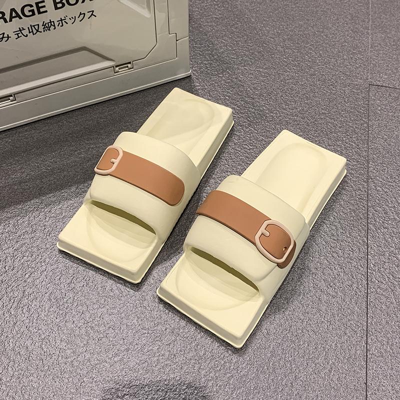 Fashion Summer New Flat Slippers Women Fashion Square Head Shallow Mouth Open Toe Matching Color Anti-slip Wear-resistant Sandals