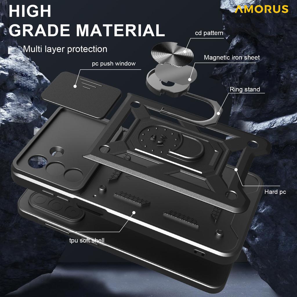 AMORUS Für Samsung Galaxy A26 5G Hülle Ständer PC+TPU Handyhülle mit Kameraobjektivschieber