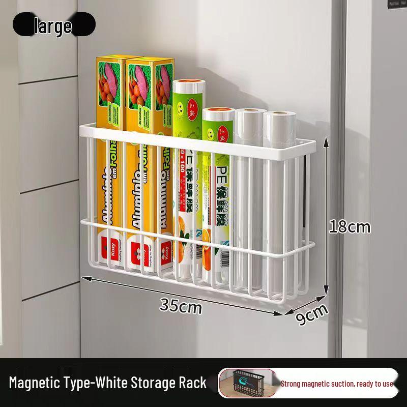 Punch-Free Wall-Mounted Kitchen Storage Rack: Multi-Functional Plastic Wrap Holder & Refrigerator Shelf