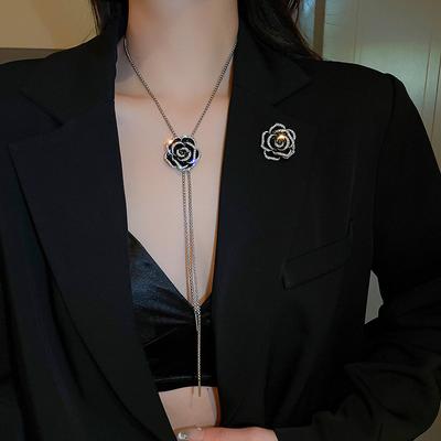 Camellia Flower Necklace Adjustable Cubic Zirconia Pendant Long Tassel Chain Lightweight Luxury Fashion Jewelry for Women Daily Wear