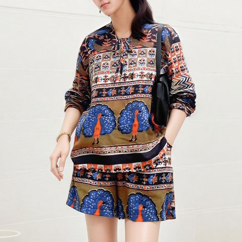 

ZANZEA Женская блузка с длинным рукавом и шорты Летний этнический принт Костюмы-двойки 5XL хаки