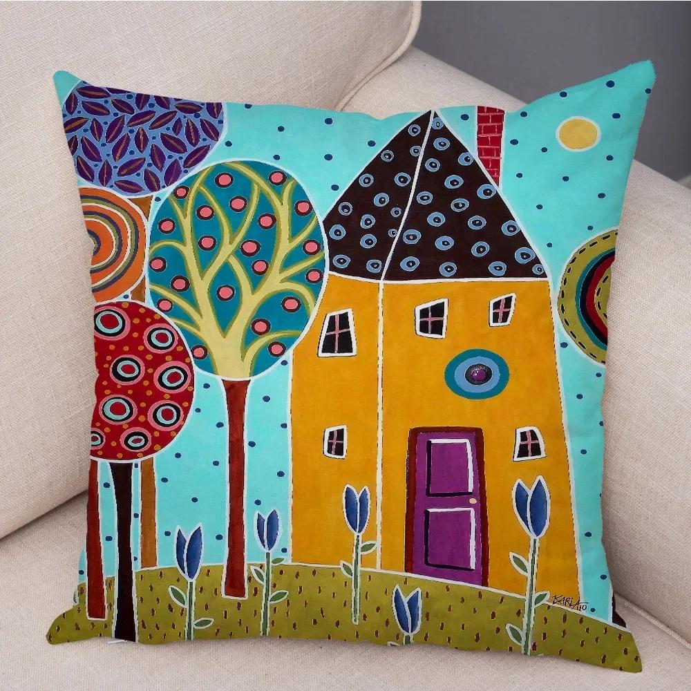 Colorful Cartoon Retro Rural Color Printed Pattern Home Cushion Cover Living Room Sofa Bedroom Decoration Pillowcase