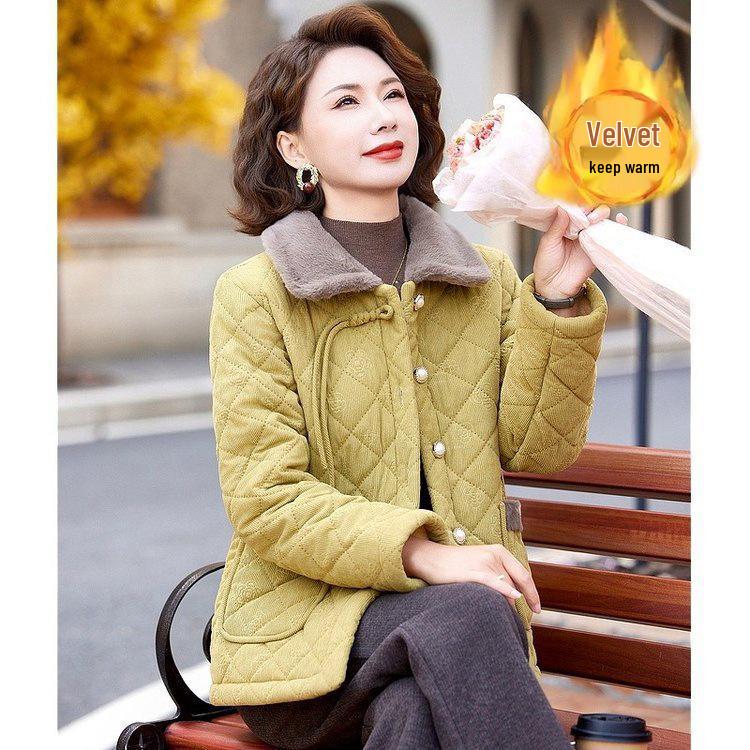 New Style Velvet-Lined Autumn/Winter Cotton Jacket for Middle-Aged Women (40s-50s)