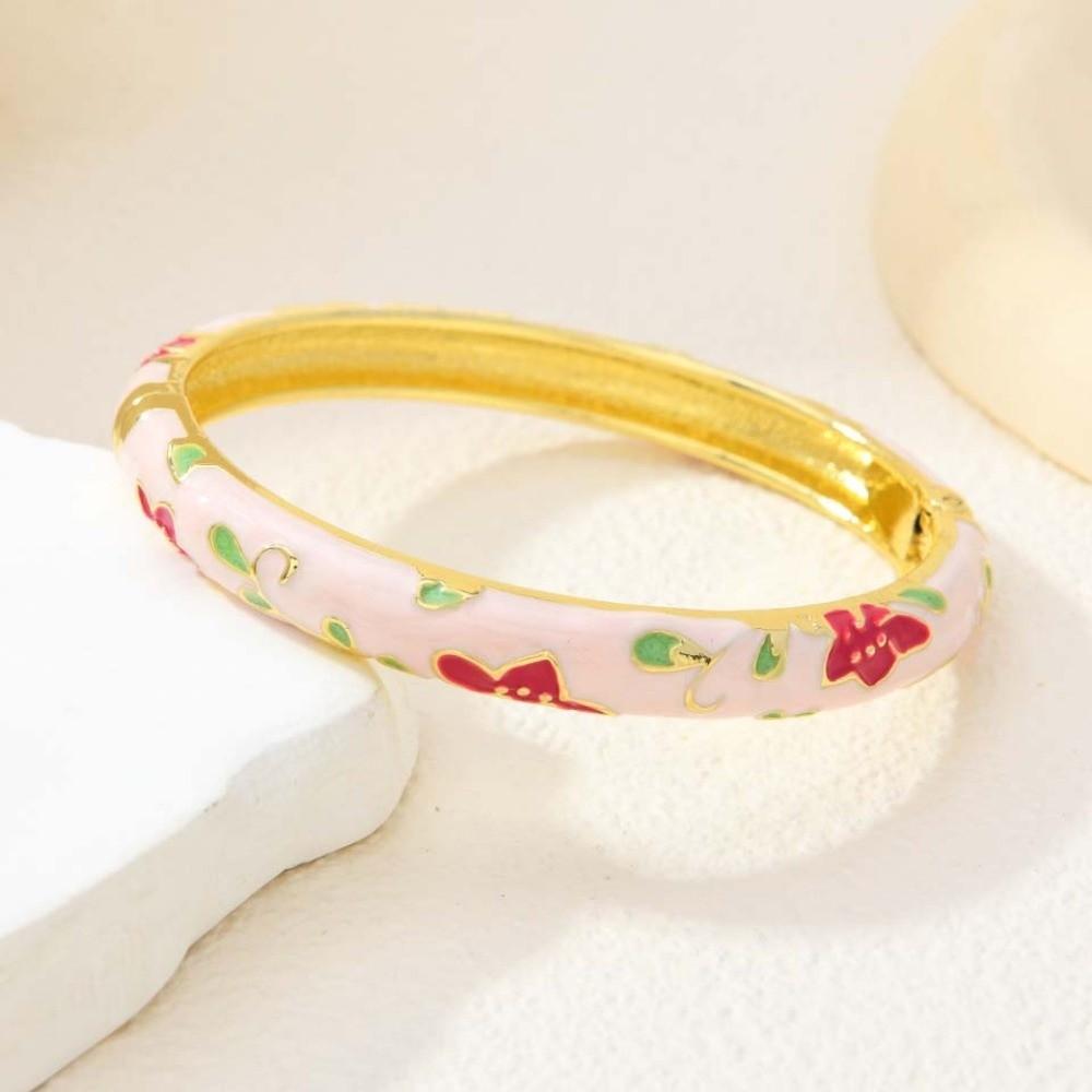 Colorful Vintage Cloisonne Bangle Peony with Leaf Traditional Chinese Flower Bangle Classic Ethnic Women's Hand Bracelet
