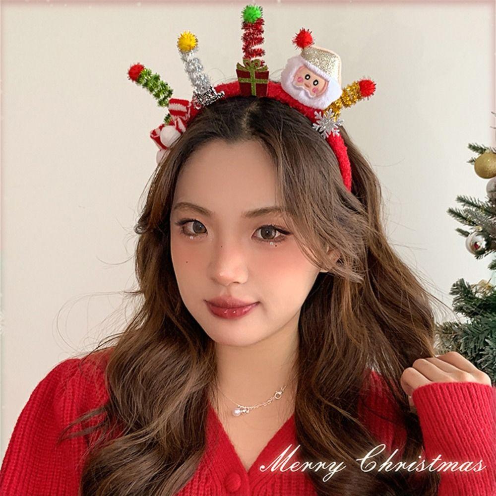 Santa Christmas Headband Elk Hair Hoop Plush Bow Red Hair Band  Christmas Decoration