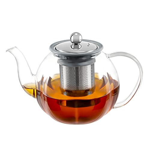 VKCHEF Heat-Resistant Glass Teapot, Transparent, 1000ml Capacity, Stainless Steel, with Tea Strainer, Suitable for Direct Heat, Perfect for Fruit Tea,