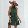 Women Autumn Winter Sleeveless Dot Print Halter Casual A-Line Mini-Length High Waist Ruffled Edges Dress