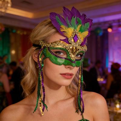 Mardi Gras Feather Masque for Women Masquerade Sequin Venetian Carnival Masuqe with Tassel for Halloween Party Cosplay Costume