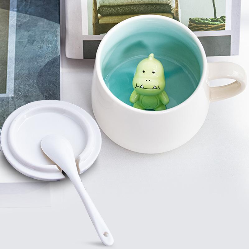 3D Animal Inside Mug, Funny Ceramic Cup, Coffee Mugs with Lid and Spoon, Milk Tea, Breakfast Cups