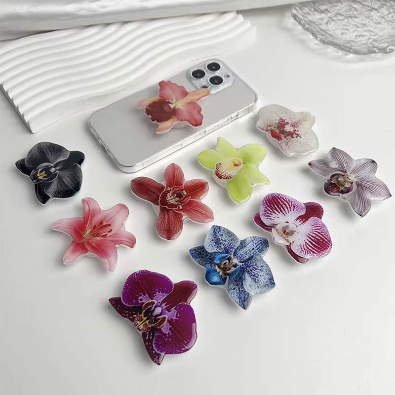 Akrylový stojánek na telefon s orchidejí Velký květ Stolní držák na telefon s airbagem Skládací podpora mobilního telefonu Kapkové lepidlo Držák na telefon s orchidejí