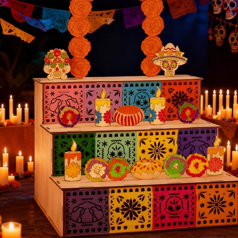 Handgefertigte Holz-Tag der Toten Altar Schattenbox Personalisierbare Gedenk-Ausstellung mit kulturellen Totenkopf- und Kerzenmotiven