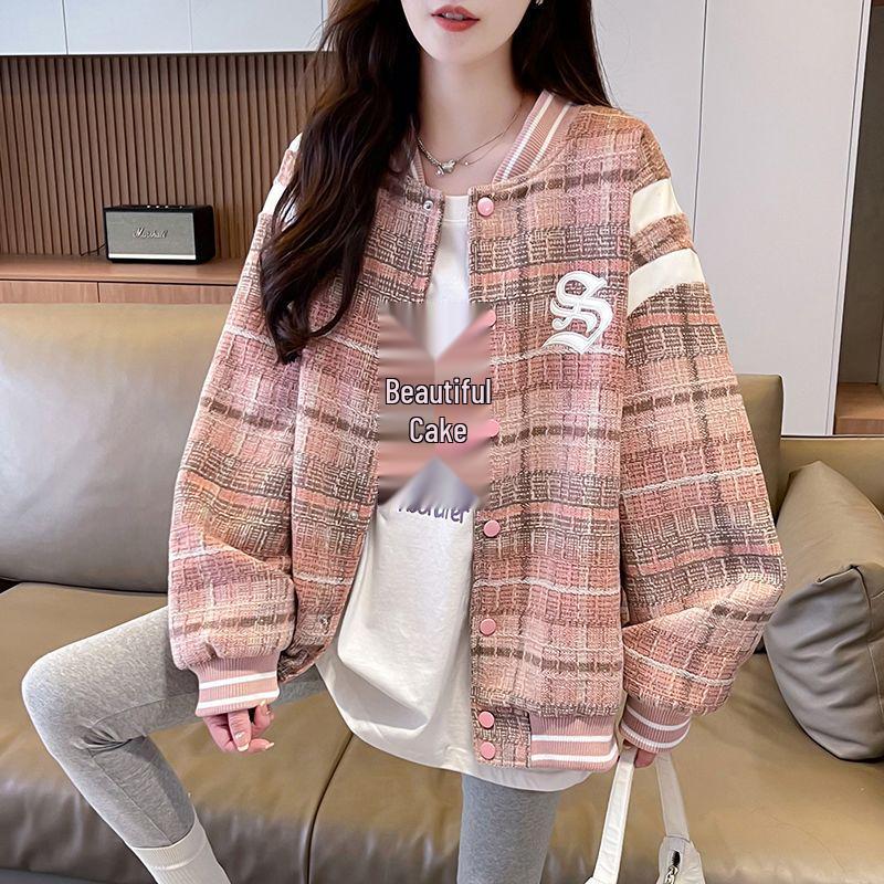 Women's Plus Size Retro Baseball Jacket with Velvet, Loose Fit, Trendy and Versatile.