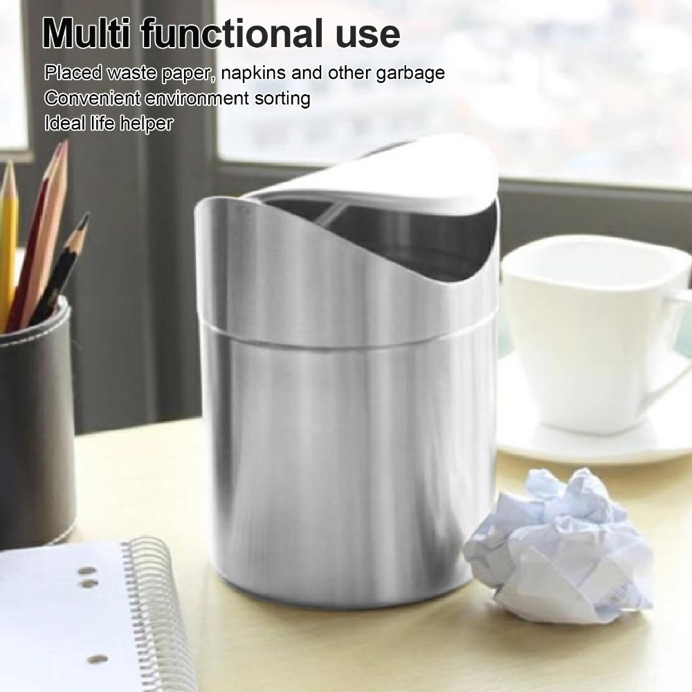 Silver Desktop Trash Can Swing Lid Swing Lid Trash Can Sleek Mini Trash Can Kitchen