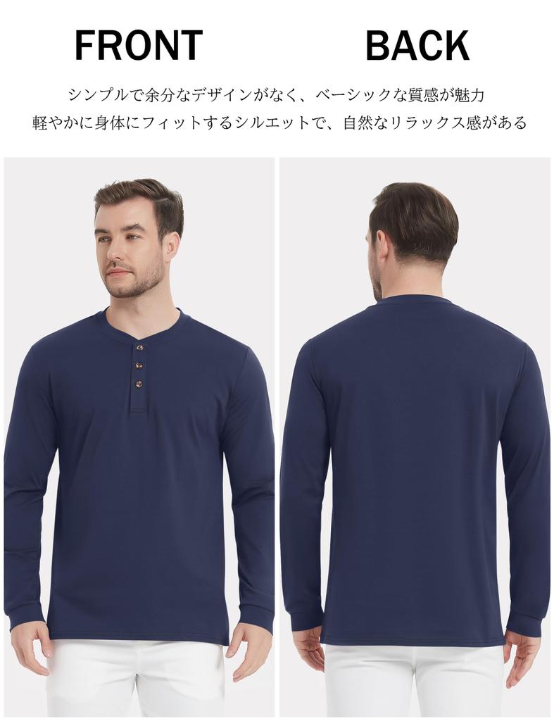 [TACVASEN] Men's Long-Sleeve T-Shirt, Plain, Sweat-Absorbing, Breathable, 100% Cotton, Lightweight, Golf, Plus Sizes, Henley Neck, Business, Innerwear