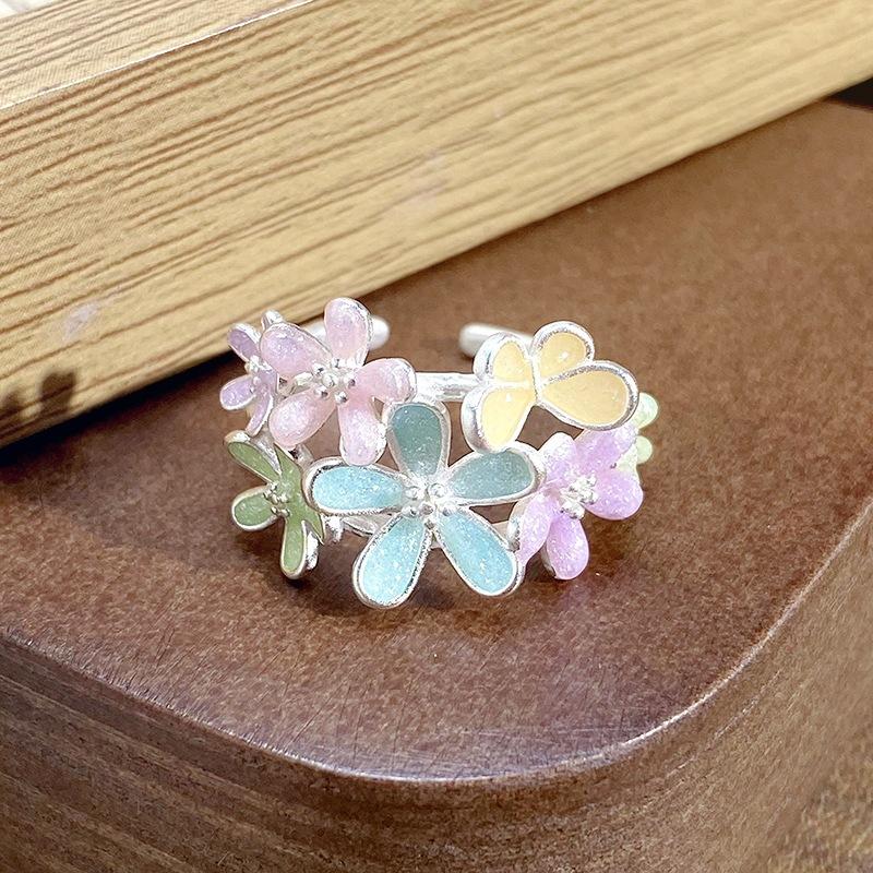 Dopamine Enamel Diamond Flower Opening Ring Sweet Light Luxury High Sense Exquisite French Niche Personality Ring