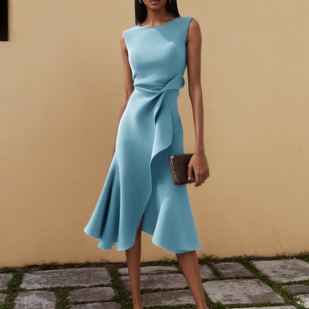Women's Round Neck Sleeveless Ruffle Dress Summer High Waist Slim A-Line Banquet Cocktail  Dresses