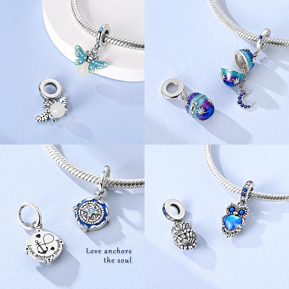 Original Copper Certified Pink Shell Pearl Blue Zircon Petals Beads Fit Women Woman Gift Phone Charms Diy Accessory