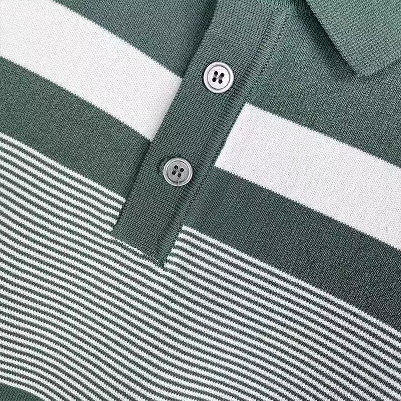 Herren Sommer Slim Gestreiftes Kurzarm-Poloshirt - Trendiges, lässiges Strick-T-Shirt mit Revers in Kontrastfarbe