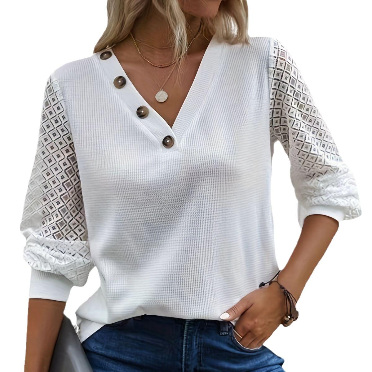 

Плюс Размер Женская Однотонная Блузка Осенняя Кружевная Рубашка С Длинными Рукавами На Пуговицах XXXL белый