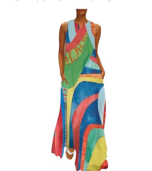 New summer women's D printed sleeveless V-neck dress