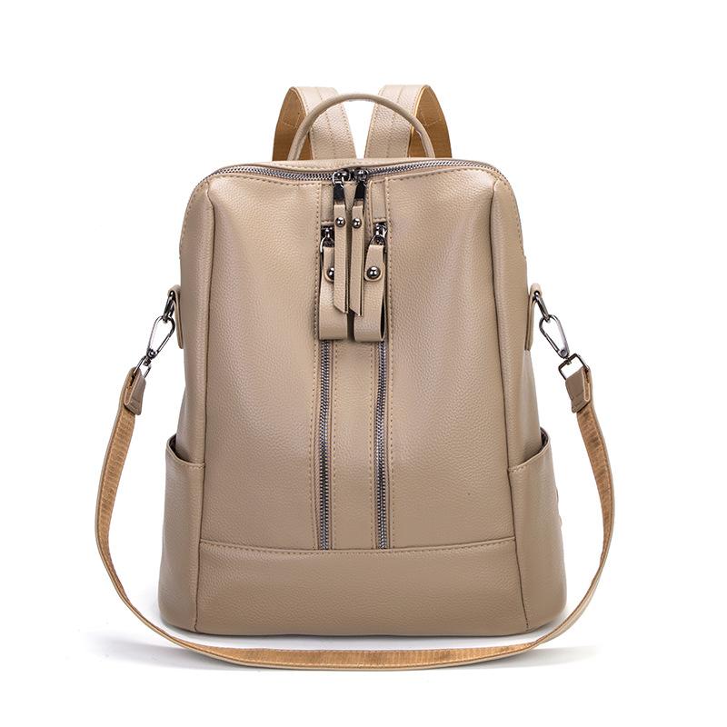Women's PU Backpack Double Zipper Solid Color Retro Large Capacity School Bag Multifunctional Shoulder Bag
