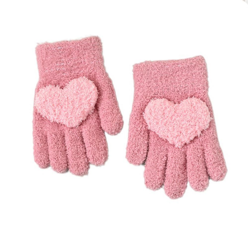 2Pairs Cute Children's Warm Gloves Heart Shaped Solid Plush Gloves  for Kids Toddler