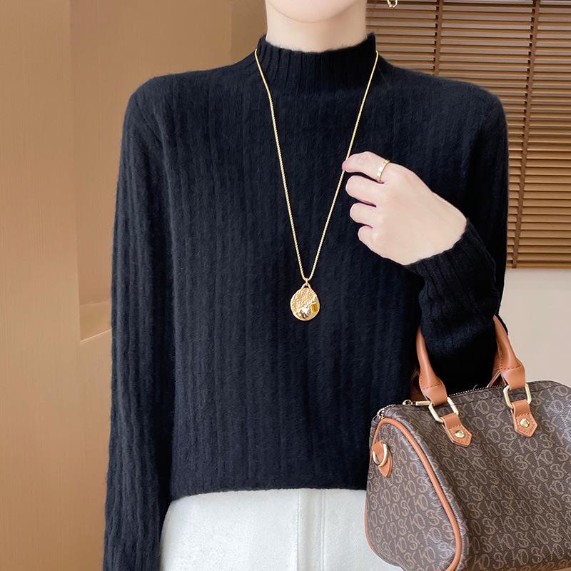 Women's Versatile Solid Color Wool Knit Sweater - Loose Half-High Collar, Long Sleeve Autumn & Winter Base Layer.