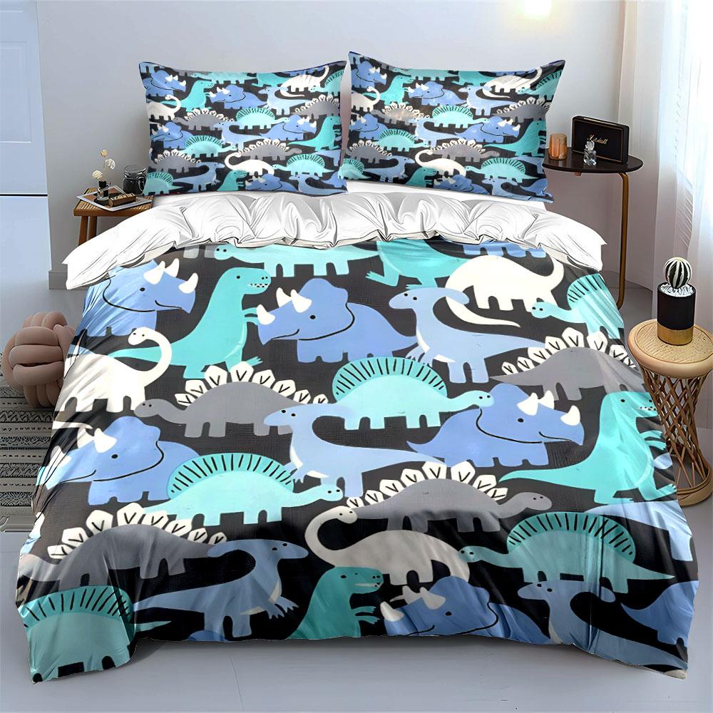 Cartoon Dinosaur Pattern Background Print Bedding Set 1 Duvet Cover 2 Pillowcases For Adult And Children Luxury Gift Full Size