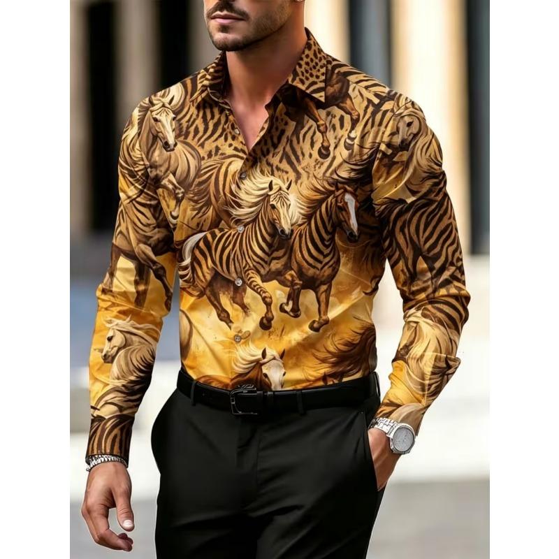 Men's New Series Long Sleeved Satin Shirt, 3D Printed with Various Printed Patterns, Luxurious and Fashionable