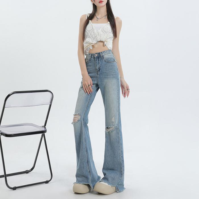 

Рваные джинсы для женщин на весну и лето Высокая талия Утягивающие рваные расклешенные брюки для женщин на весну и брюки в пол Тонкие XXL