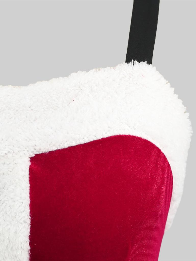 Rosegal Plus Size Contrast Binding Fluffy Fur Trim Mock Buttons Heart Buckle Belt A Line Velvet Christmas Tank Dress