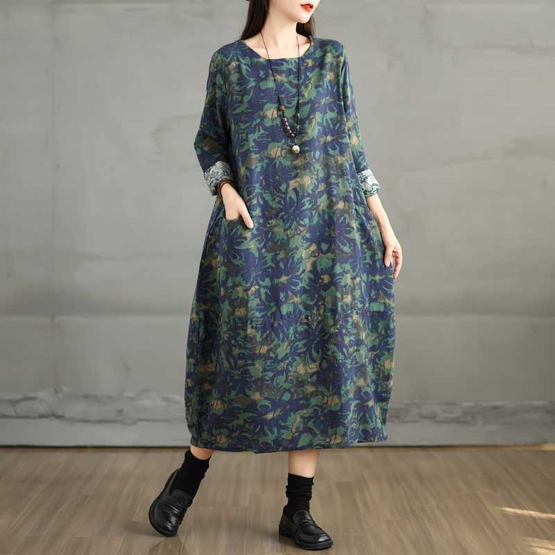Neues Baumwoll- und Leinenkleid mit Print, langärmlig, Retro-Print, Übergröße, Rollkragen, mittellanges Kleid