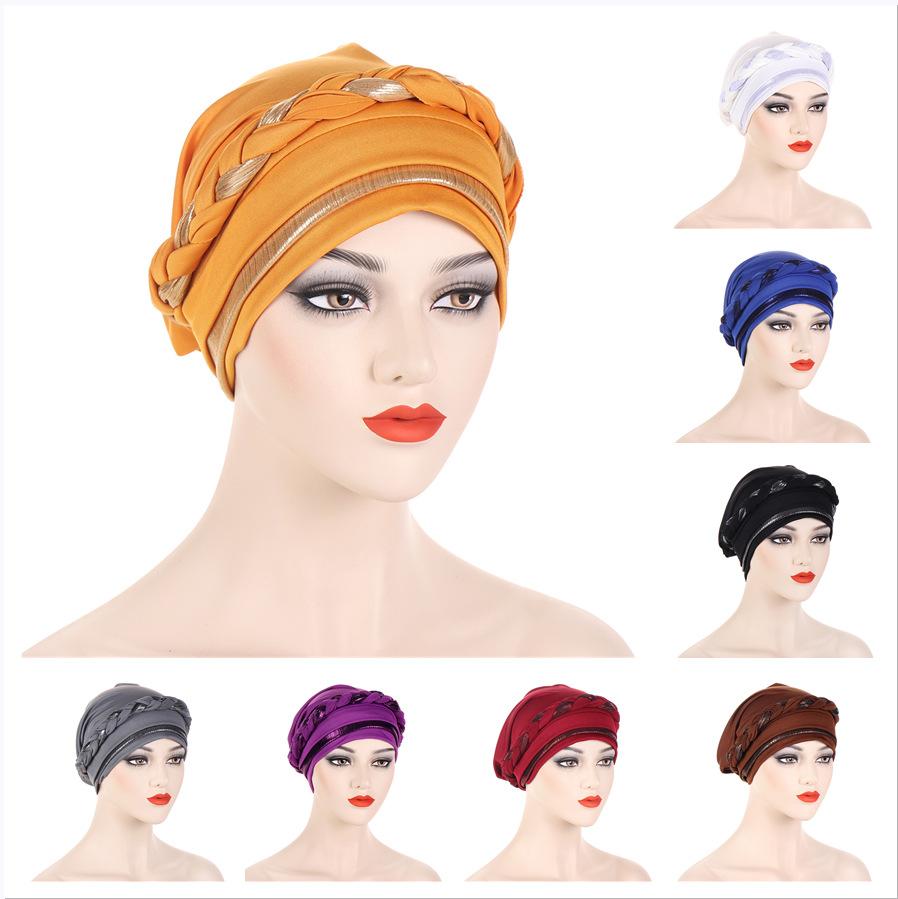 New Multicolor Short Braid Contrast Muslim Hijabs Headband Hat Fashion Pullover Caps