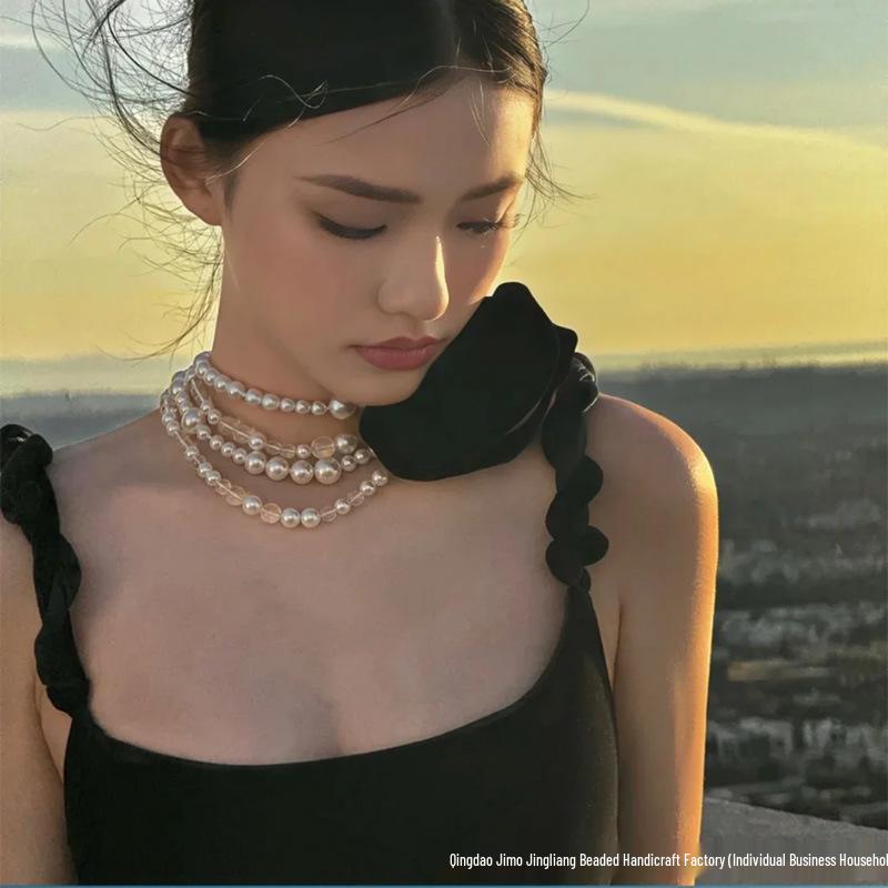 Lin Yun Style Nine Purple Li Fire Imitation Pearl & Natural Stone Crystal Choker Necklace