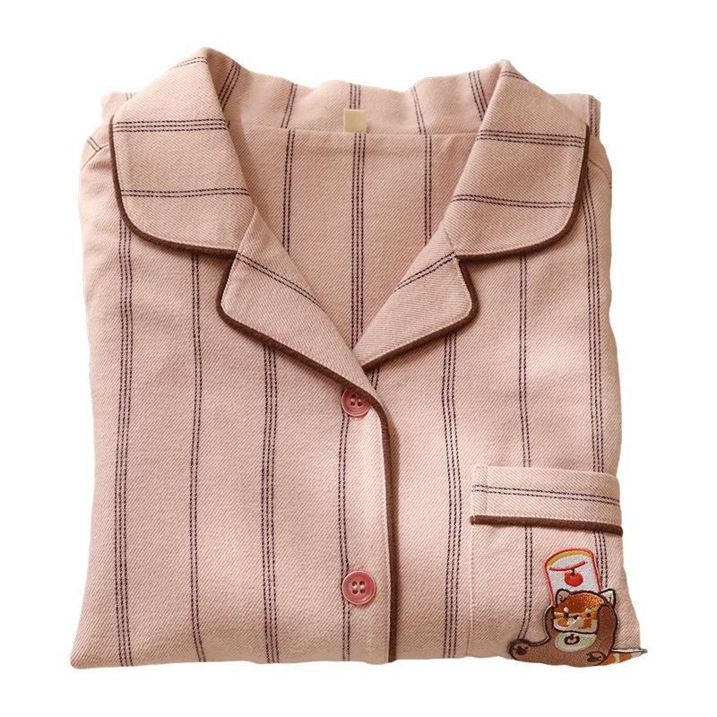 Couple pajamas women's autumn and winter pure cotton polished beast striped simple casual long-sleeved loungewear set