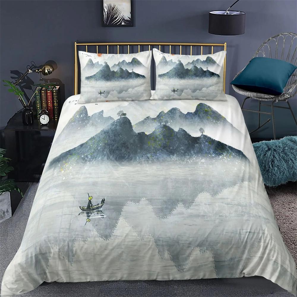 Nature Landscape Duvet Cover King/Queen Size,Chinese Ink Painting Style Bedding Set Mountain River 2/3pcs Polyester Quilt Cover