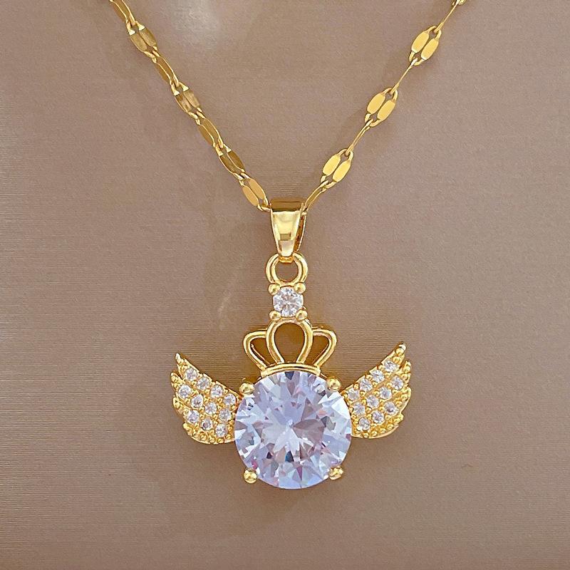 

Light Luxury Temperament Gorgeous Full Diamond Crown Wings Necklace Women S Versatile Collarbone Chain Titanium Steel Chain