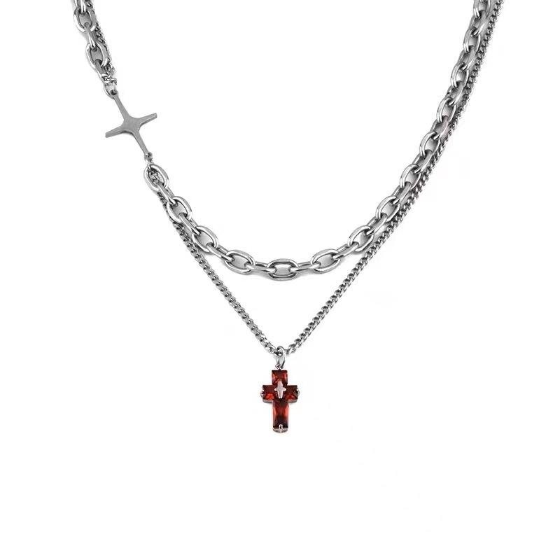 

Double-layer cross necklace, female personality collarbone chain, new hip-hop style sweater chain, trendy men s jewelry.