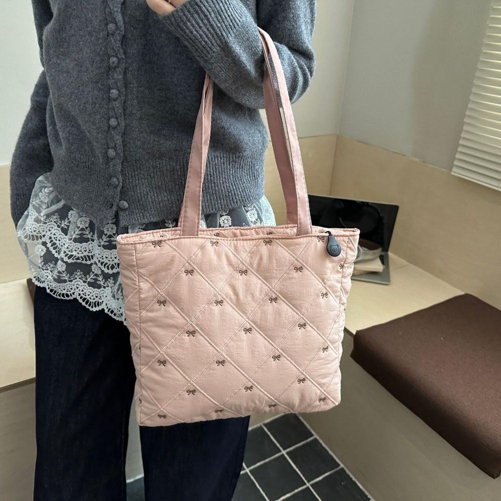 Casual Large Capacity Quilted Tote Bag Solid Color Argyle Pattern Shoulder Bag Bow Embroidery Lightweight Handbag